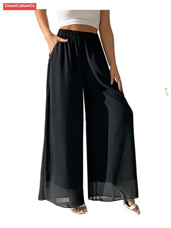 Pants - Chiffon Wide Leg Palazzo Pants High Waist Elastic Pull On Pleated Trouser